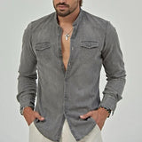 Men's Vintage Solid Color Stand Collar Double Chest Pocket Denim Shirt 78795250Y