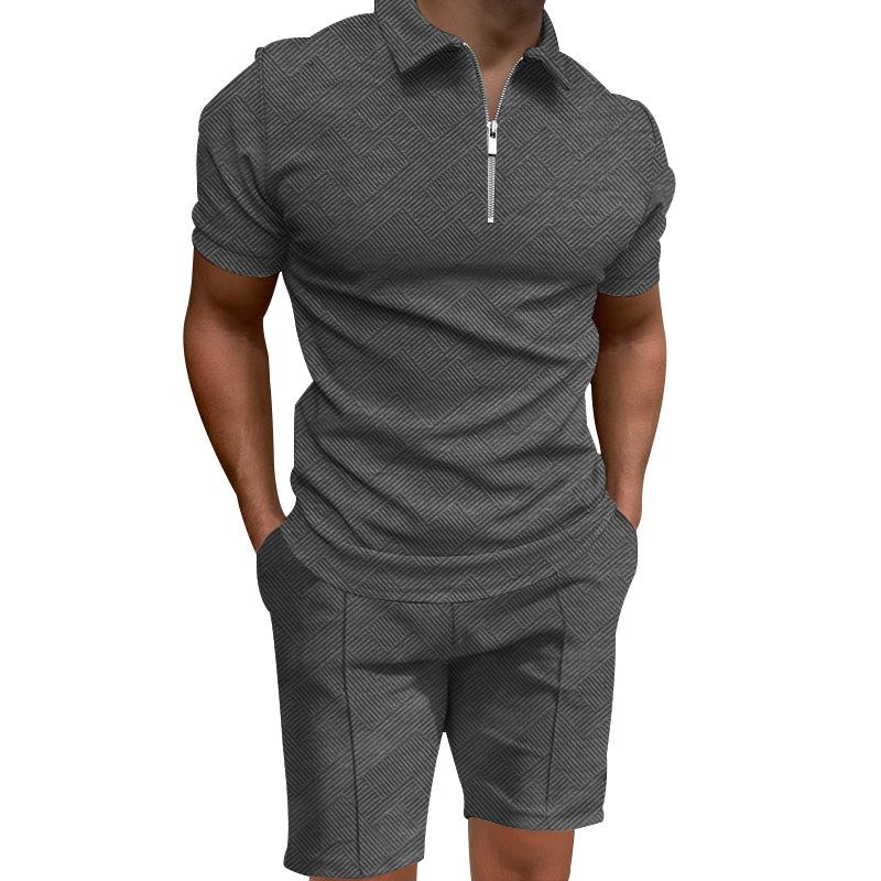 Men's Solid Color Texture Fabric Zip Lapel Short Sleeve Polo Shirt Elastic Waist Shorts Sports Casual Set 50404482Z