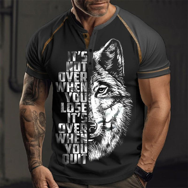 Men's Animal Lettering Print Short Sleeve Henley T-Shirt 31249477X