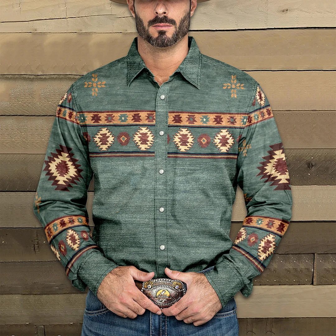 Men's Western Denim Print Lapel Long Sleeve Shirt 35190529X