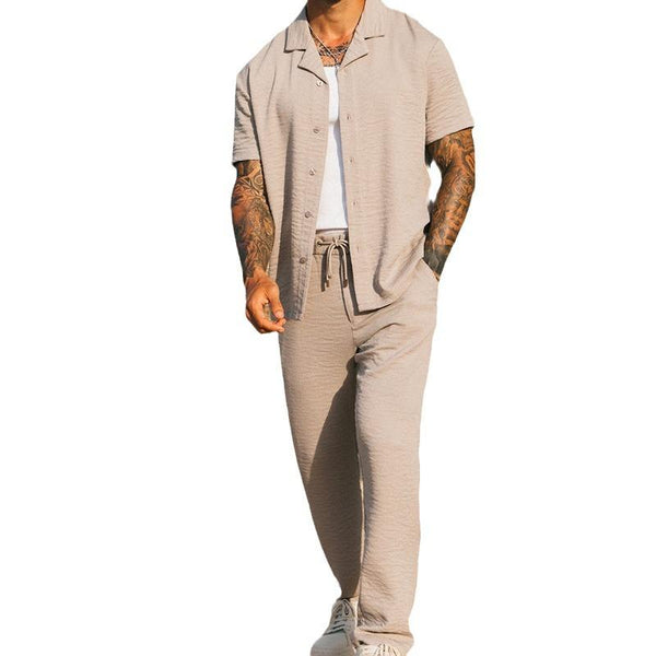 Men's Casual Lapel Short Sleeve Shirt Straight Pants Set 65300530M