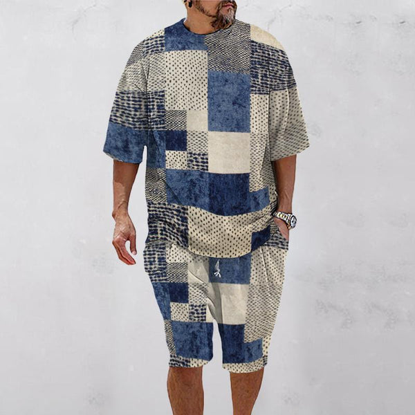 Men's Retro Patchwork Geometric Short-sleeved Two-piece Set 80226518TO