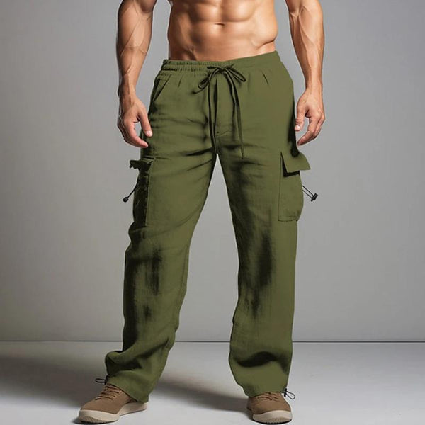 Men's Jogging Cotton Linen Drawstring Elastic Waist Multi Pocket Solid Color Trousers 14653855X