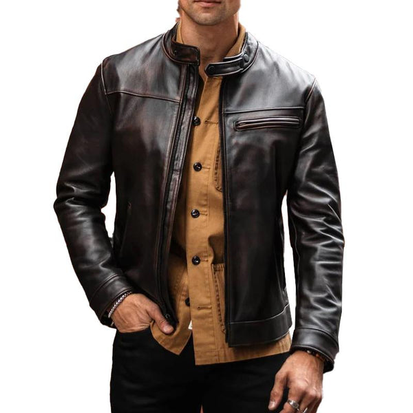 Men's Biker Collar Zip-Up Leather Jacket 51117754X