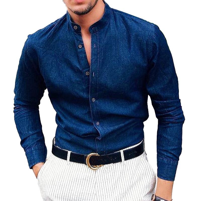 Einfarbiges Langarmhemd mit Stehkragen und Button-Down-Kragen für Herren 71057039X