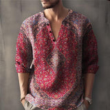 Men's Casual Vintage Print V-Neck Long Sleeve Shirt 77161163Y