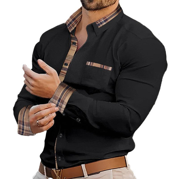 Men's Color Block Casual Long Sleeve Plaid Lapel Shirt 70124804X