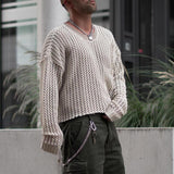 Men's Vintage Crewneck Cut-Out Chest Strap Knitted Sweater 08762406Y