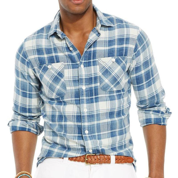 Men's Retro Light Blue Plaid Long Sleeve Shirt 13785620U