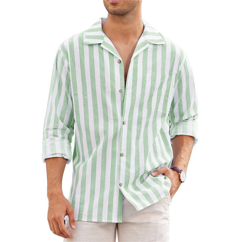 Men's Casual Striped Printed Cuban Collar Long Sleeve Shirt 16415836Y