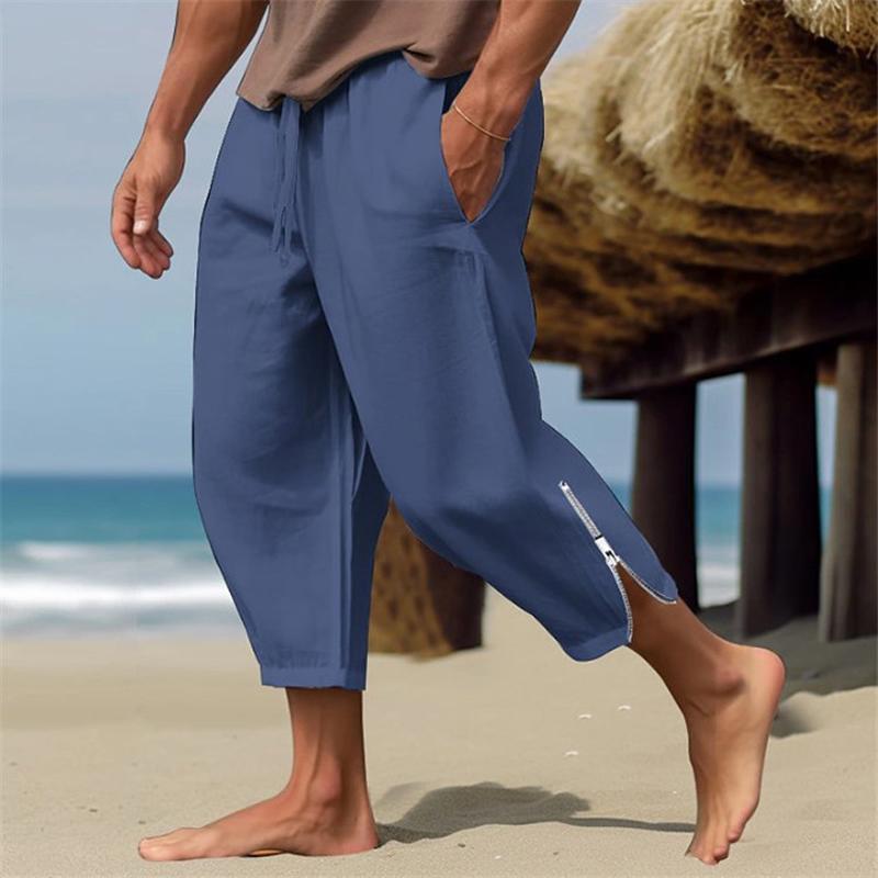 Men's Linen Drawstring Elastic Waist Solid Color Casual Pants 61029366X