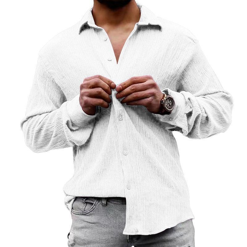 Men's Solid Loose Linen Lapel Long Sleeve Shirt 01526129Z