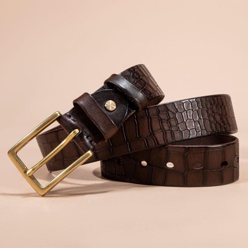 Ceinture en cuir de vachette véritable première couche pour homme avec boucle en bronze cuivré pur 21888959U