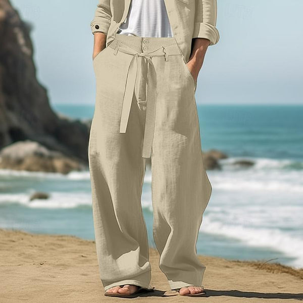 Men's Casual Linen Belted Straight Solid Color Trousers 71519975Y