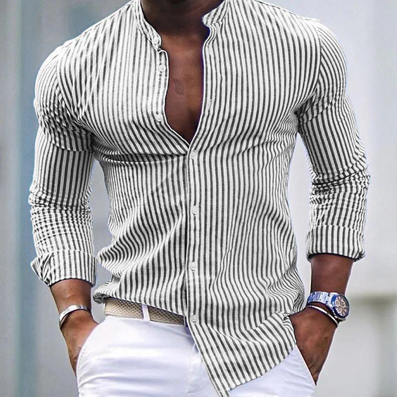 Men's Stand Collar Striped Long Sleeve Casual Shirt 80304808Z