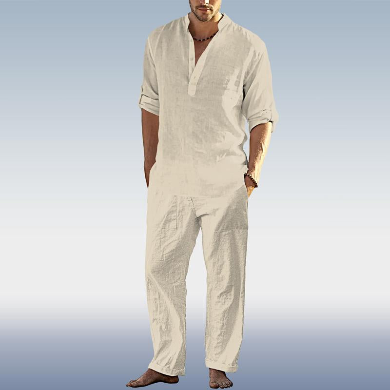 Men's Casual Solid Color Long-Sleeved Shirt And Pants Set 42125660Y