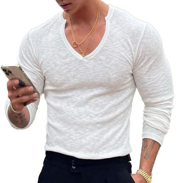 Men's V-neck Long-sleeved Striped Solid Color T-shirt 21770042X