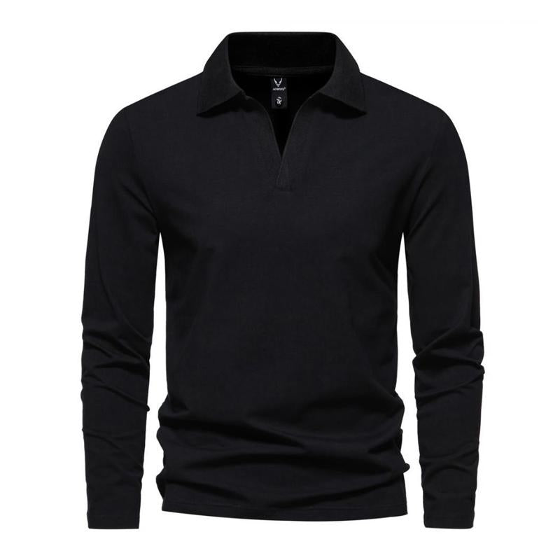 Men's Casual Solid Color V-Neck Long-Sleeved Polo Shirt 00976045Y