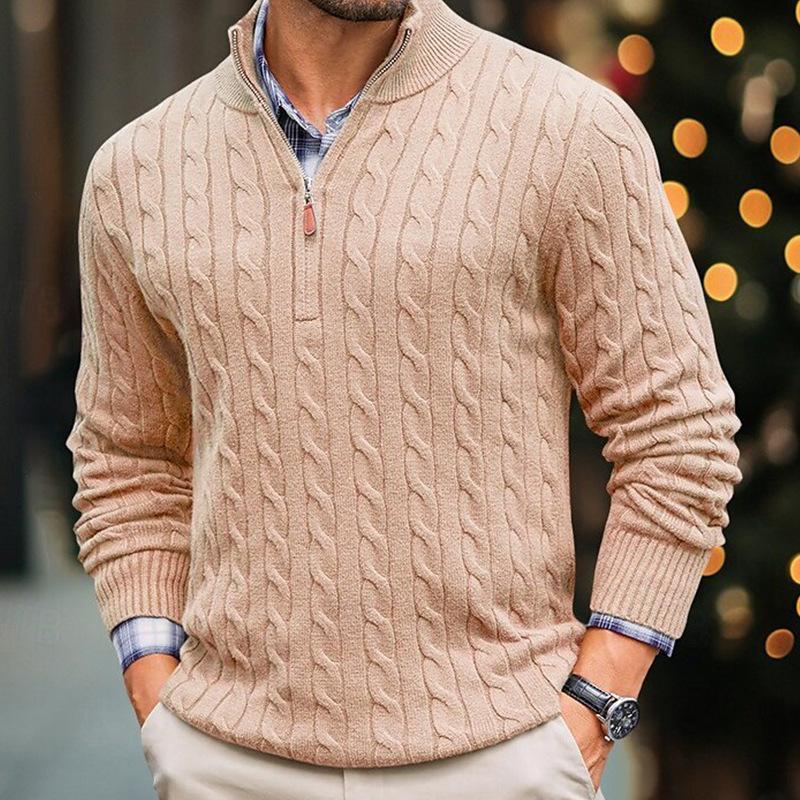 Pull à manches longues et col montant en tricot torsadé uni pour hommes 54249239Z