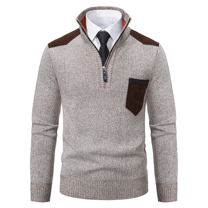 Men's Casual Retro Patchwork Pocket Stand Collar Zipper Sweater 32851595TO