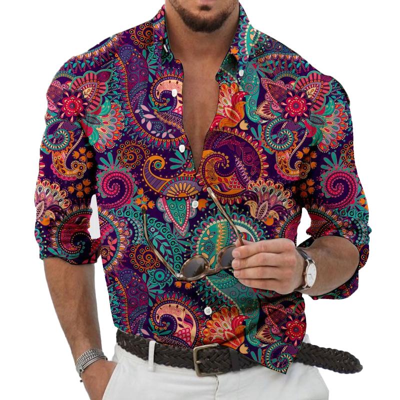 Men's Vintage Paisley Print Lapel Long Sleeve Shirt 98895959X