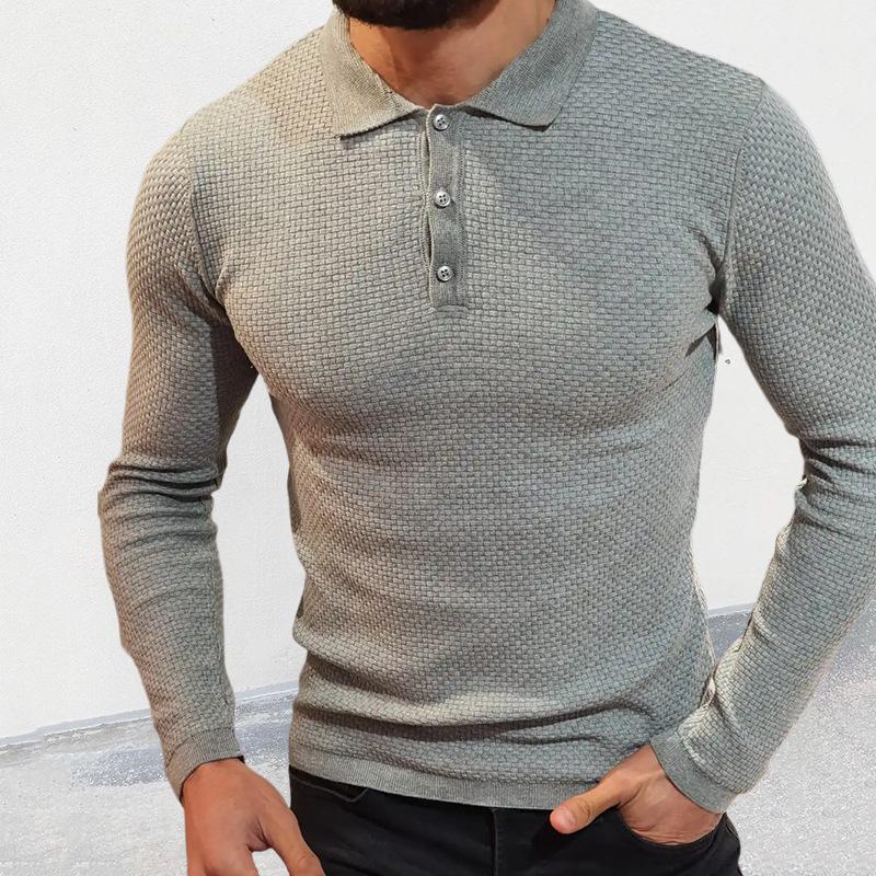 Men's Solid Knit Lapel Long Sleeve Slim Sweater 84151284Z