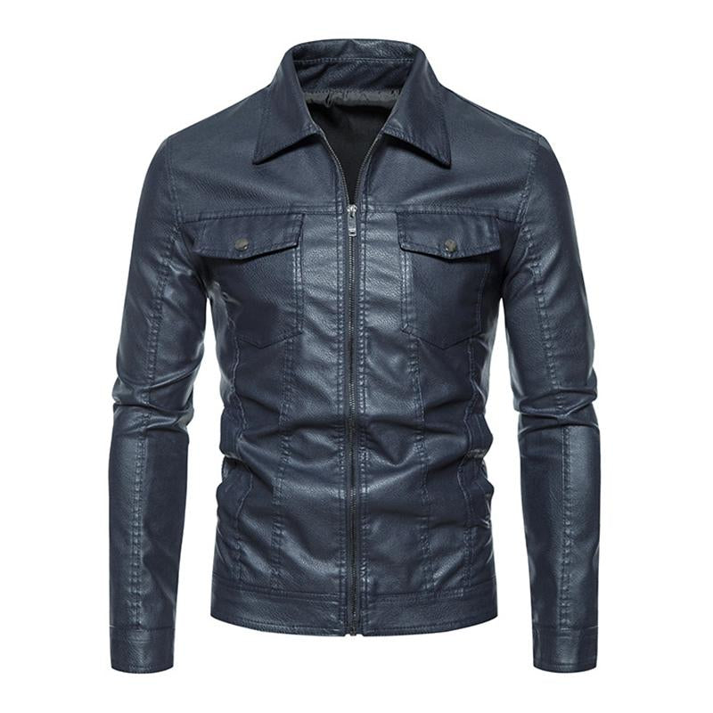 Men's Casual Thin Lapel Zipper Slim Fit Leather Jacket 54361387M