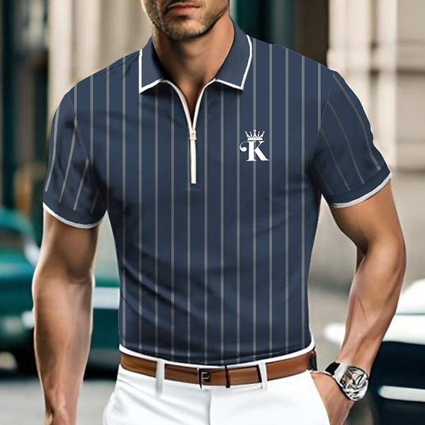 Men's Casual Striped Letter Print Zipper Short-Sleeved Polo Shirt 55096504Y