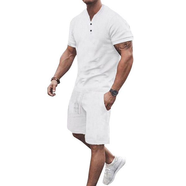Men's Casual Solid Color V Neck Short Sleeve T-Shirt Shorts Set 06700828Y
