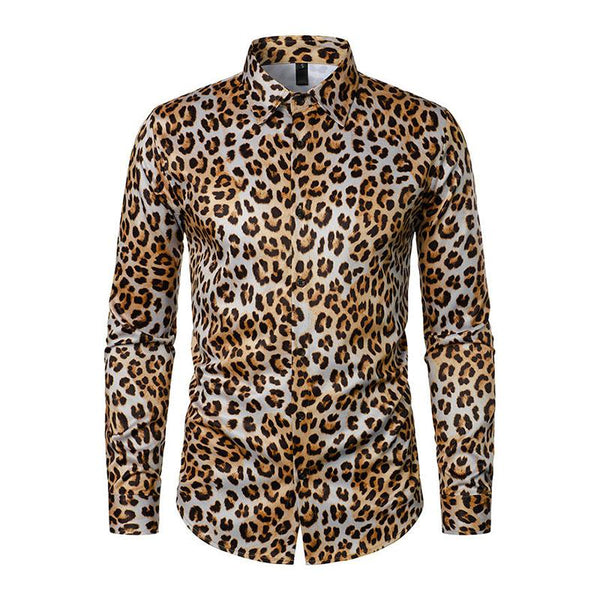 Men's Vintage Leopard Print Lapel Long Sleeve Shirt 18738107M