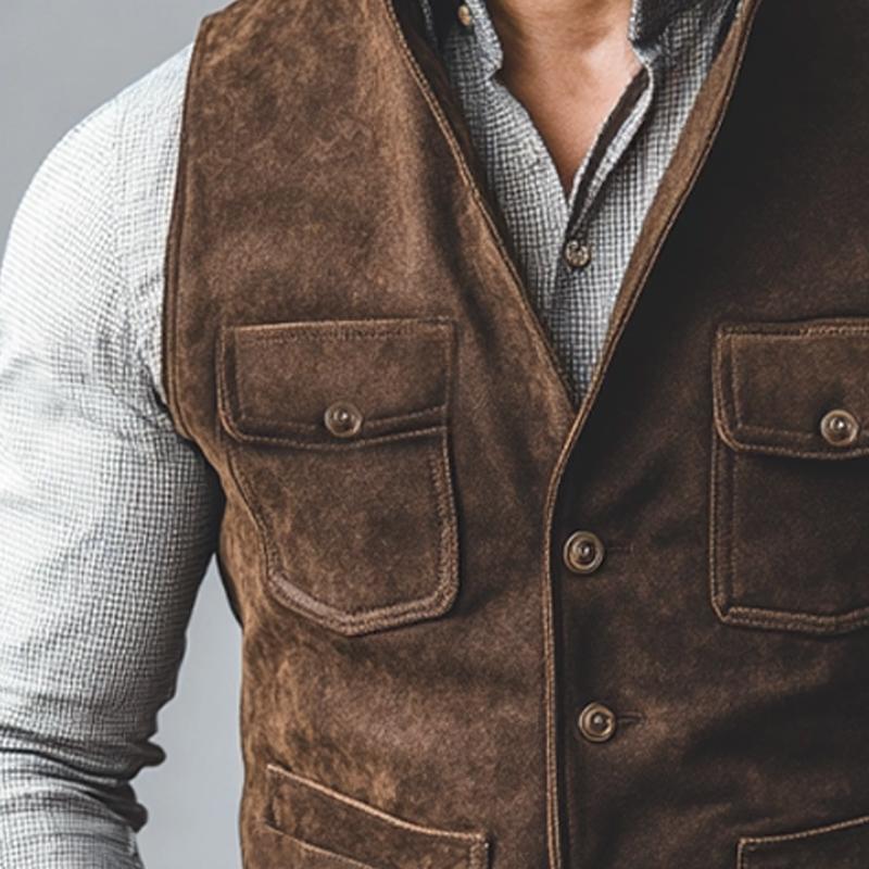 Men's Vintage Distressed Suede V-Neck Vest 78239841U