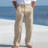 Men's Solid Color Cotton And Linen Buttons Decor Drawstring Waist Casual Pants 58659698Z