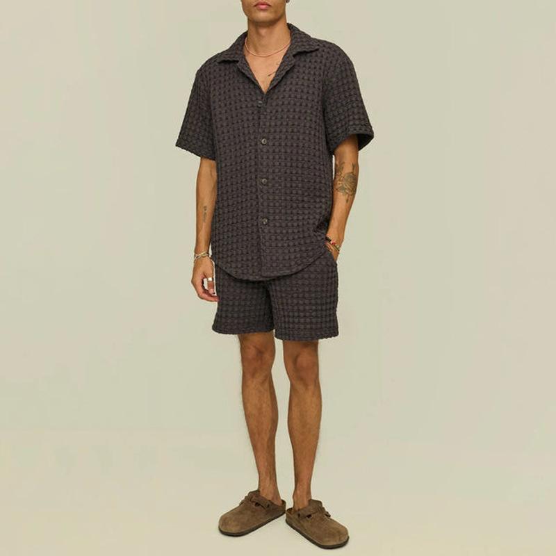 Men's Solid Lapel Short Sleeve Shirt And Shorts Casual Set 13423081Z
