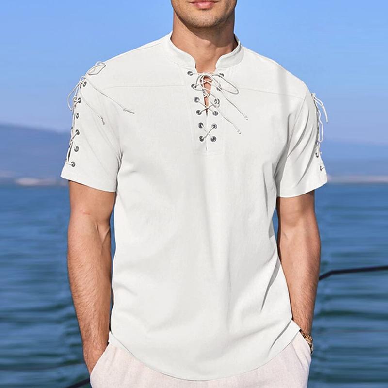 Men's Solid Color Lace-Up V-Neck Short-Sleeved Shirt 40586432Y