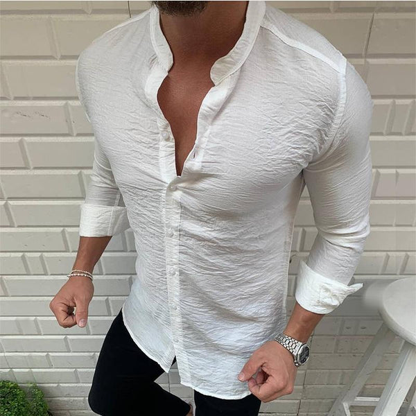 Men's Retro Casual Solid Color Stand Collar Long Sleeve Shirt 71764132TO