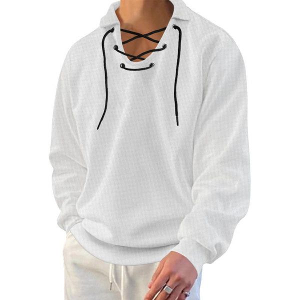 Men's Solid Color Long Sleeve Knit Lace-Up V-Neck Sweatshirt 86333092X