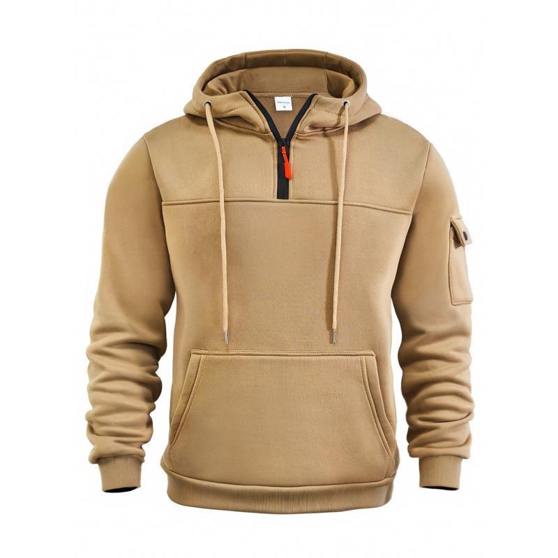 Men's Casual Solid Color Multi-Pocket Half-Zip Hooded Long Sleeve Sweatshirt 12108131Y