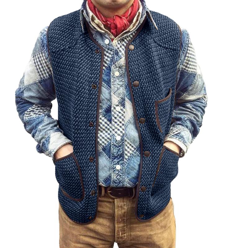 【Expédition 24h/24】Gilet multi-poches à col rond et boutonnage simple pour homme, couleur unie, vintage, 84412276Y