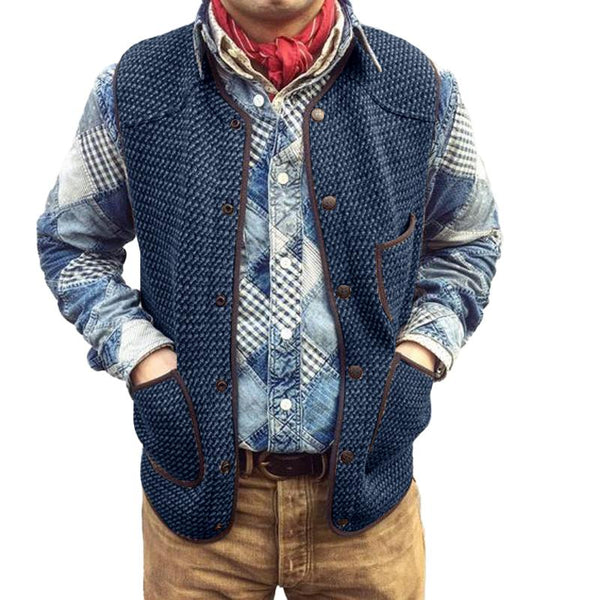 Men's Vintage Solid Color Round Neck Single Breasted Multi-Pocket Vest 84412276Y