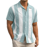 Men's Vintage Contrast Stripe Patchwork Cuban Collar Short-Sleeved Shirt 50213815M