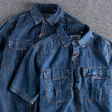 Men's Vintage Washed Distressed Double Pocket Denim Short Shirt 92049514M