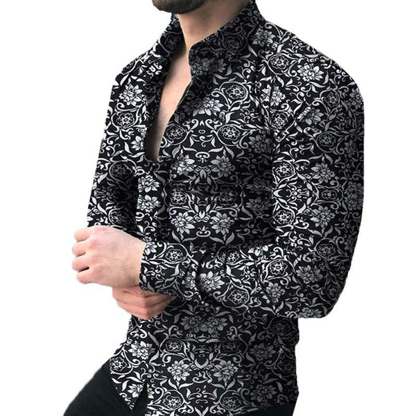 Men's Classic Casual Slim Fit Lapel Printed Long Sleeve Shirt 95077158K