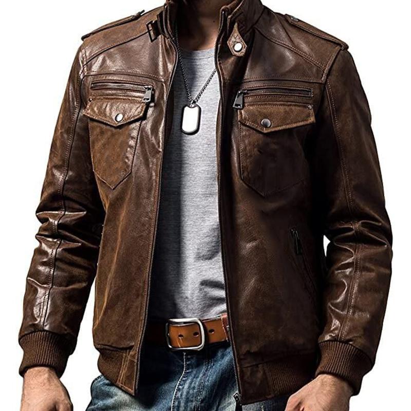 Men's Vintage Multi-Pocket Leather Jacket 98678312U