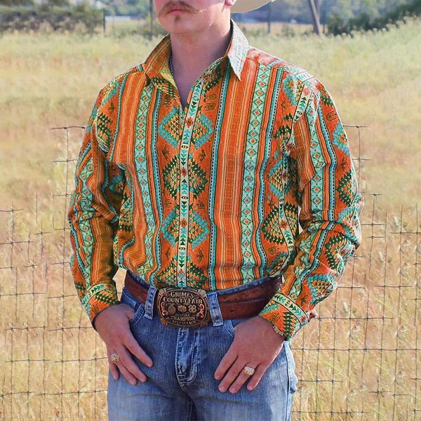 Men's Vintage Western Ethnic Print Lapel Long Sleeve Shirt 94218379Y