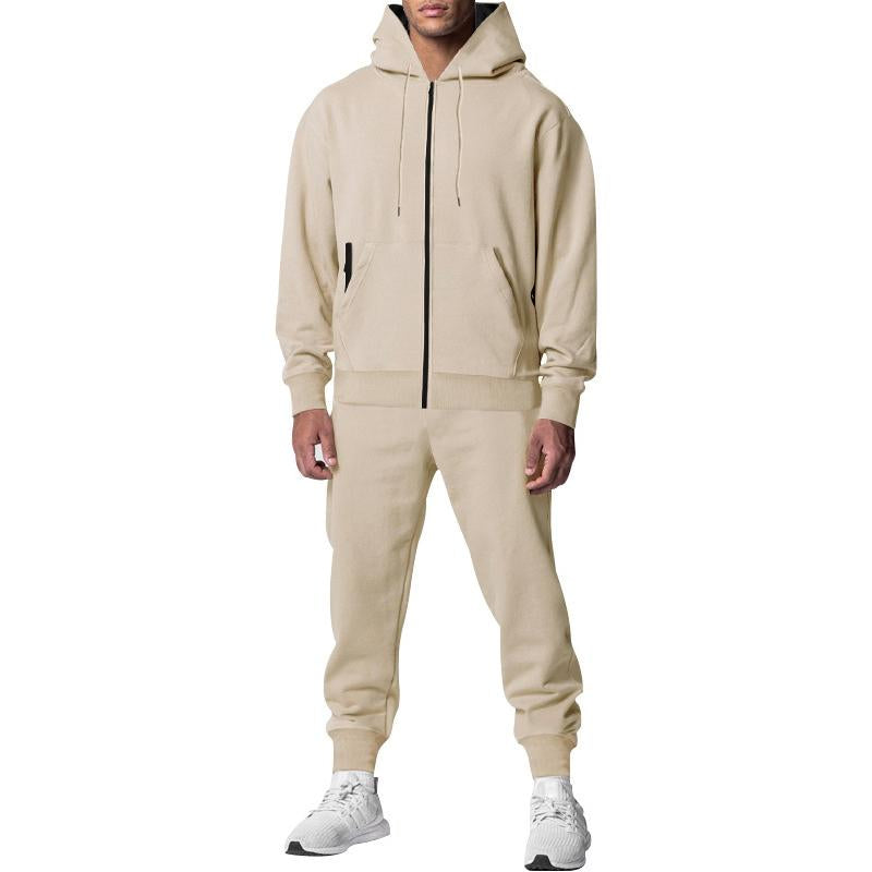 Men's Casual Solid Color Fleece Slim Fit Hooded Zipper Sweatshirt Sweatpants Set 53700824M