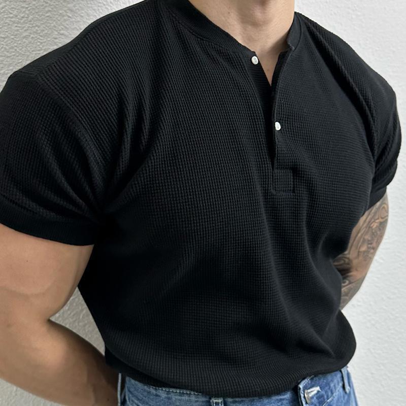 Men's Casual Solid Color Henley Collar Waffle Loose Short Sleeve T-Shirt 57449329M