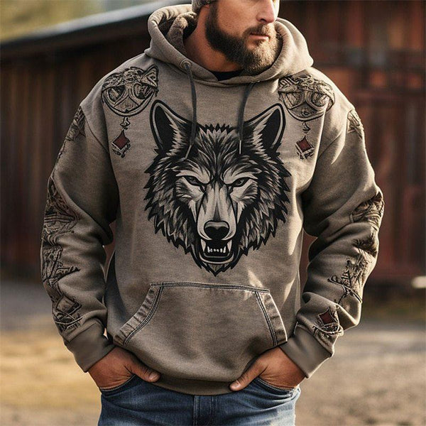 Men's Wolf Print Loose Sports Casual Hoodie 25310932Z