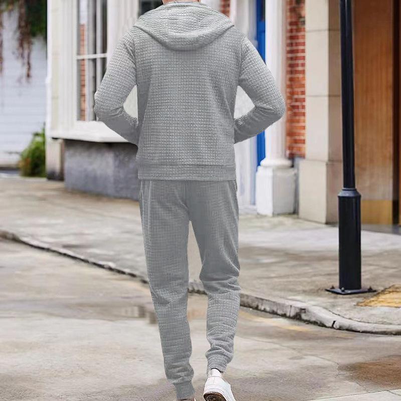 Men's Casual Solid Color Waffle Hooded Sweatshirt Jacket Set 56698295Y
