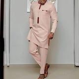 Men's Vintage Muslim Casual Solid Color Round Neck Long Sleeve Set 85126468Y