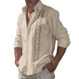 Men's Lapel Button Cotton Linen Printed Long Sleeve Shirt 93089291X